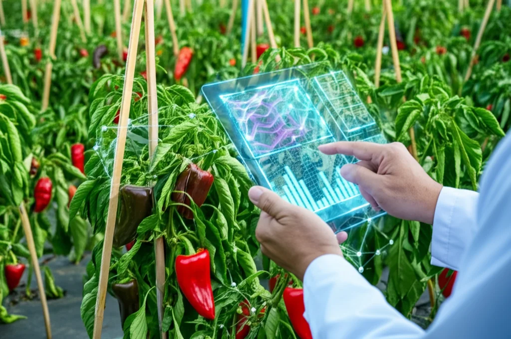 Immagine concettuale che mostra un ricercatore che analizza dati su un tablet olografico con grafici di reti neurali e sequenze di DNA, sovrapposto a un campo rigoglioso di piante di peperone dolce cariche di frutti colorati, stile fotorealistico, leggero effetto bokeh sullo sfondo per mettere a fuoco il tablet e le piante in primo piano.