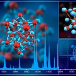 Immagine fotorealistica di un pattern di diffrazione di raggi X da polveri nanocristalline (PXRD) con picchi visibilmente allargati, visualizzato su uno schermo digitale futuristico. Sullo sfondo, una rappresentazione artistica 3D di una nanostruttura atomica complessa. Obiettivo macro 80mm, illuminazione controllata da laboratorio, alta definizione, focus preciso sui dettagli del pattern e della struttura atomica.