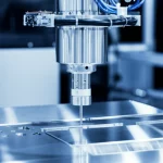 Immagine fotorealistica di un robot industriale con una superficie metallica lucida che ispeziona un componente elettronico, obiettivo macro 85mm, alta definizione, illuminazione controllata che crea riflessi speculari intensi sulla superficie del robot, messa a fuoco precisa sul punto di ispezione.