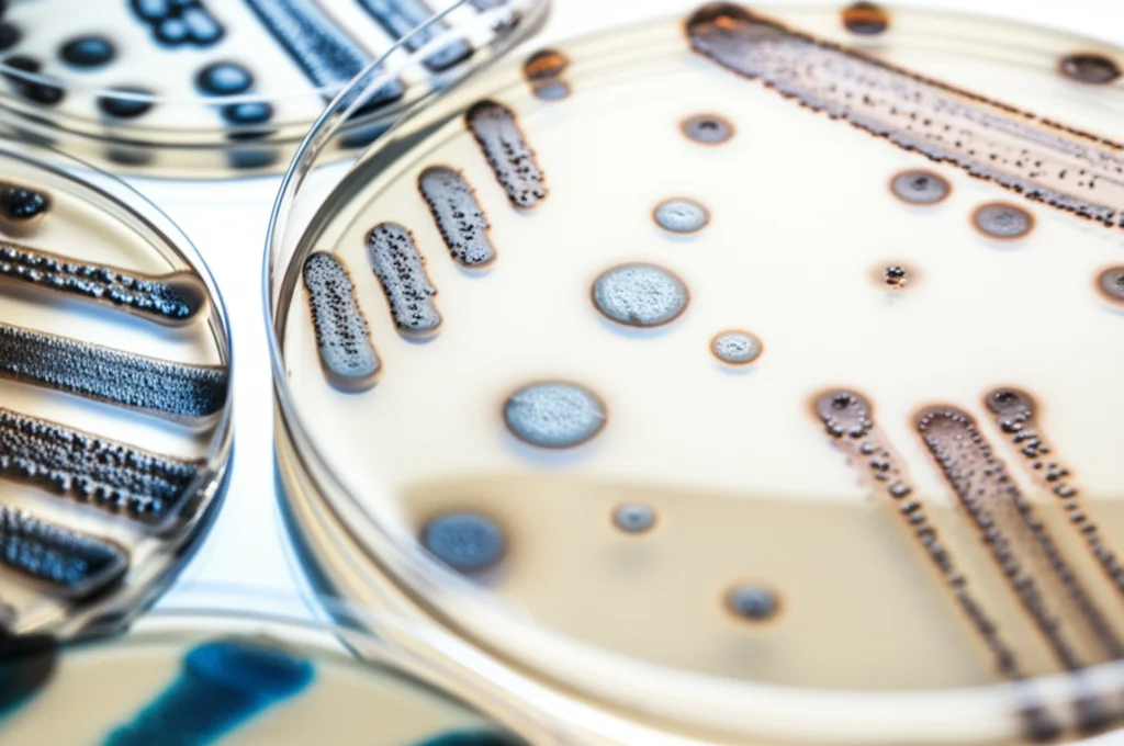 Immagine fotorealistica macro con obiettivo da 85mm, primo piano di diversi dischi per test di antibiotico-resistenza su una piastra di agar Petri con crescita batterica. Si vedono chiaramente zone di inibizione (dove l'antibiotico funziona) e zone di crescita batterica fino al disco (resistenza). Alta definizione, messa a fuoco precisa, illuminazione controllata da laboratorio scientifico sullo sfondo.