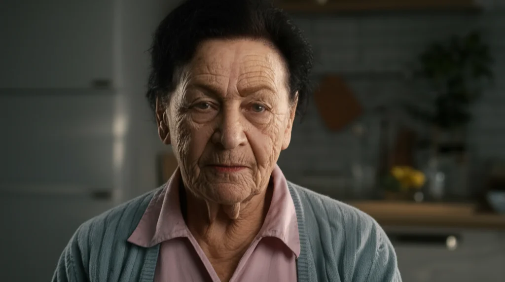 Ritratto fotografico toccante di una donna anziana (sugli 80 anni), sguardo rivolto verso l'osservatore con un misto di saggezza e una leggera vulnerabilità. Luce laterale morbida che illumina metà del viso, creando ombre delicate (stile Film Noir leggero). Obiettivo 50mm, profondità di campo ridotta che sfoca lo sfondo. Toni leggermente desaturati ma caldi. L'immagine evoca la riflessione sull'invecchiamento, la salute e l'importanza nascosta delle connessioni sociali contro isolamento e solitudine.