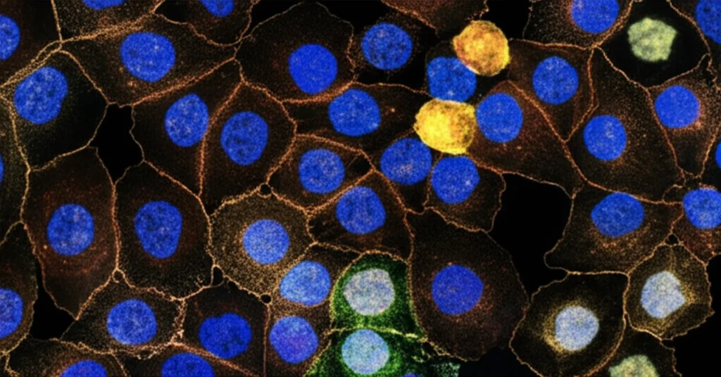 Visualizzazione artistica ad alta risoluzione di cellule staminali umane (ESC e ffEPSC) che mostrano eterogeneità, con alcune cellule che brillano diversamente per indicare stati pluripotenti distinti, sfondo scuro da laboratorio, macro lens, 80mm, high detail, precise focusing.