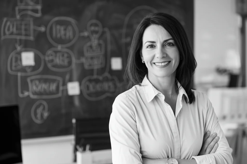 Ritratto fotografico di una donna imprenditrice sulla quarantina, sorridente e sicura di sé, nel suo ufficio luminoso. Alle sue spalle, una lavagna con schemi e idee. Obiettivo 35mm, profondità di campo che sfoca leggermente lo sfondo, luce naturale, bianco e nero.