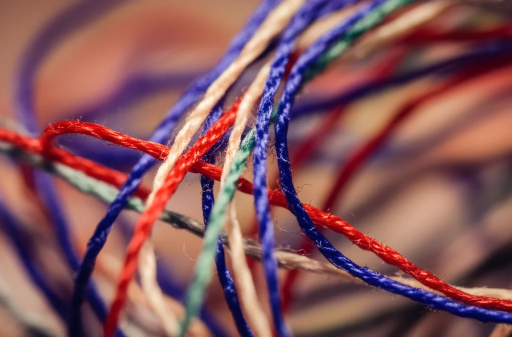 Fotografia macro di un groviglio complesso di fili colorati che si intrecciano, a simboleggiare la complessità delle cause. Messa a fuoco precisa su alcuni nodi, sfondo sfocato. Illuminazione controllata per esaltare i dettagli e i colori. Obiettivo macro 100mm.