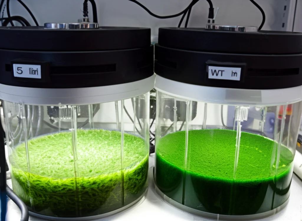 Fotografia di due fotobioreattori da 5 litri affiancati, uno contenente muschio Physcomitrella wild-type (WT) e l'altro la linea L33 produttrice di seta di ragno. Entrambi mostrano una coltura verde densa sotto illuminazione LED. Obiettivo standard 35mm, luce ambientale del laboratorio, messa a fuoco sui bioreattori.