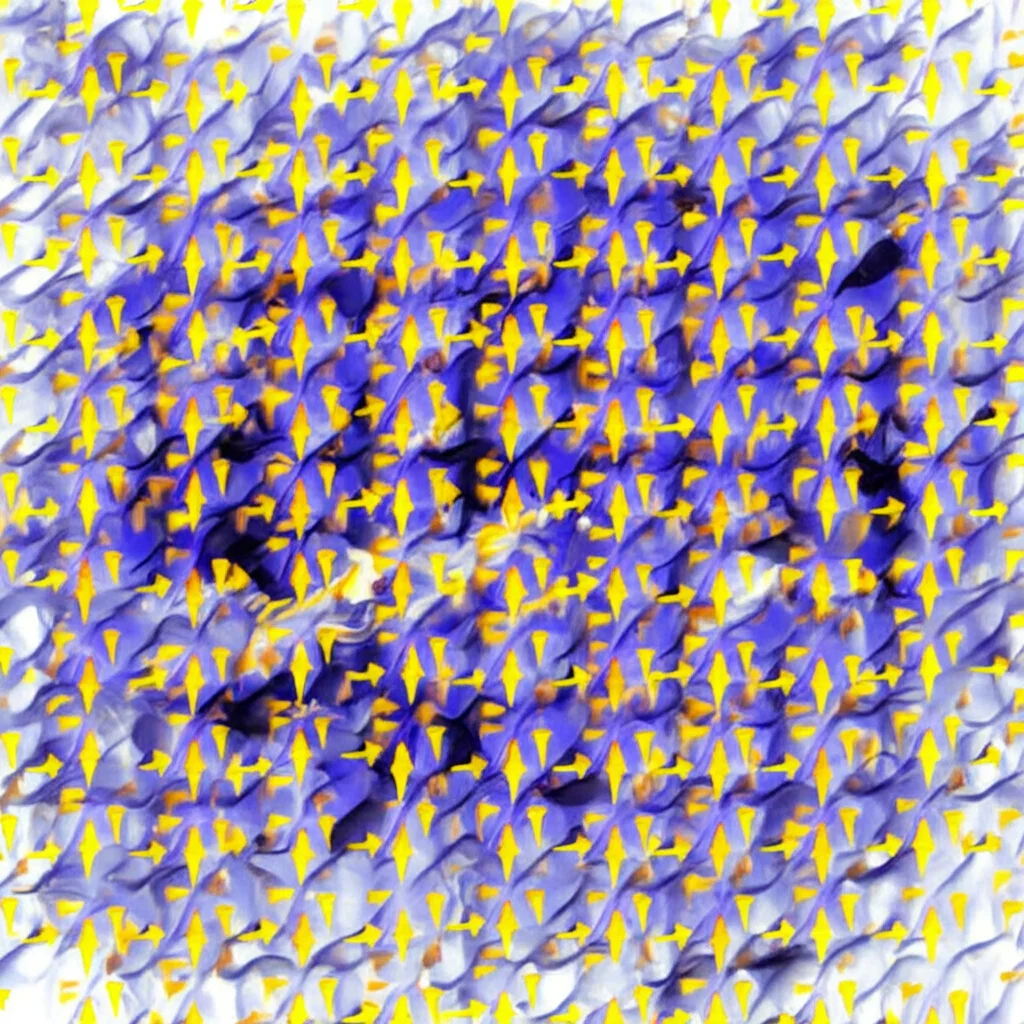 Visualizzazione scientifica astratta, alto dettaglio, che mostra reticoli atomici con frecce gialle luminose che rappresentano vettori di polarizzazione ferroelecttrica che puntano testa-a-testa (o coda-a-coda) attraverso uno strato di interfaccia intermedio, illuminazione controllata.