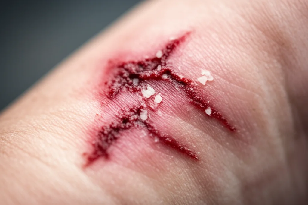 Macro fotografia, obiettivo da 60 mm, dettagli elevati, illuminazione controllata, che mostra un primo piano di una ferita cronica difficile da difficili da fargli sulla pelle, forse con un po 'di biofilm visibile.