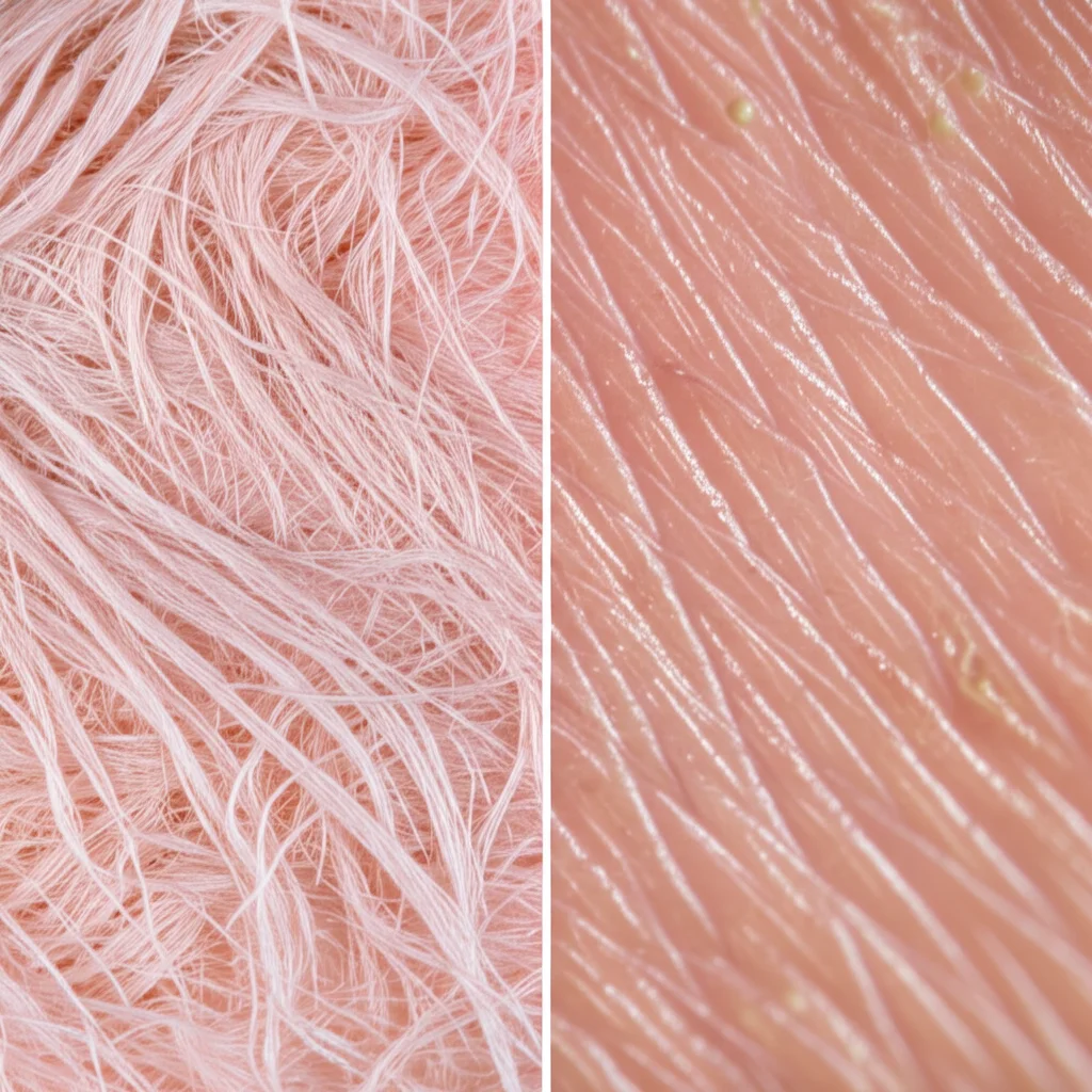 Immagine divisa: il lato sinistro mostra la macro fotografia di fibre di tessuto cicatriziale disorganizzate, obiettivo da 105 mm, dettagli elevati. Il lato destro mostra la macro fotografia di pelle sana e rigenerata con consistenza fine e forse piccoli follicoli emergenti, lenti da 105 mm, dettagli elevati, illuminazione controllata.