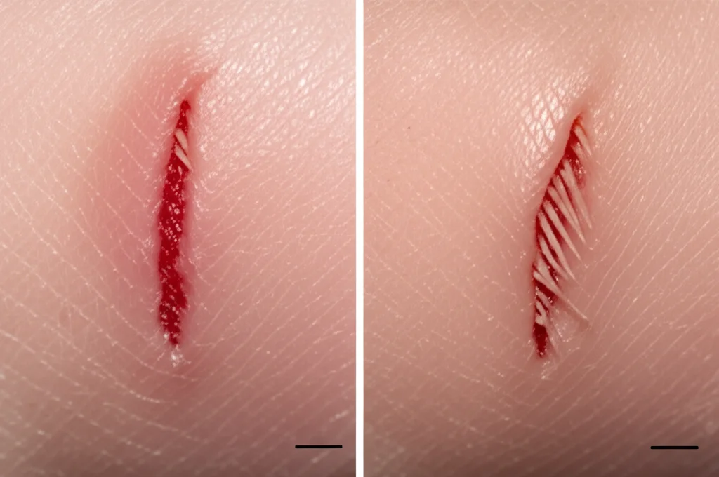 Macro fotografia comparativa, obiettivo da 60 mm, dettagli elevati, vista fianco a fianco di due ferite guarite sulla pelle del topo: una con una cicatrice visibile, l'altra che mostra una pelle liscia e rigenerata con follicoli emergenti, sotto un'illuminazione luminosa e uniforme.