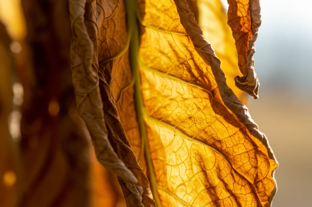 Macro fotografia di una foglia di tabacco giallo-dorata appesa in un essiccatoio moderno e pulito, 85mm macro lens, alta definizione, illuminazione controllata che evidenzia la texture della foglia durante il processo di cura.