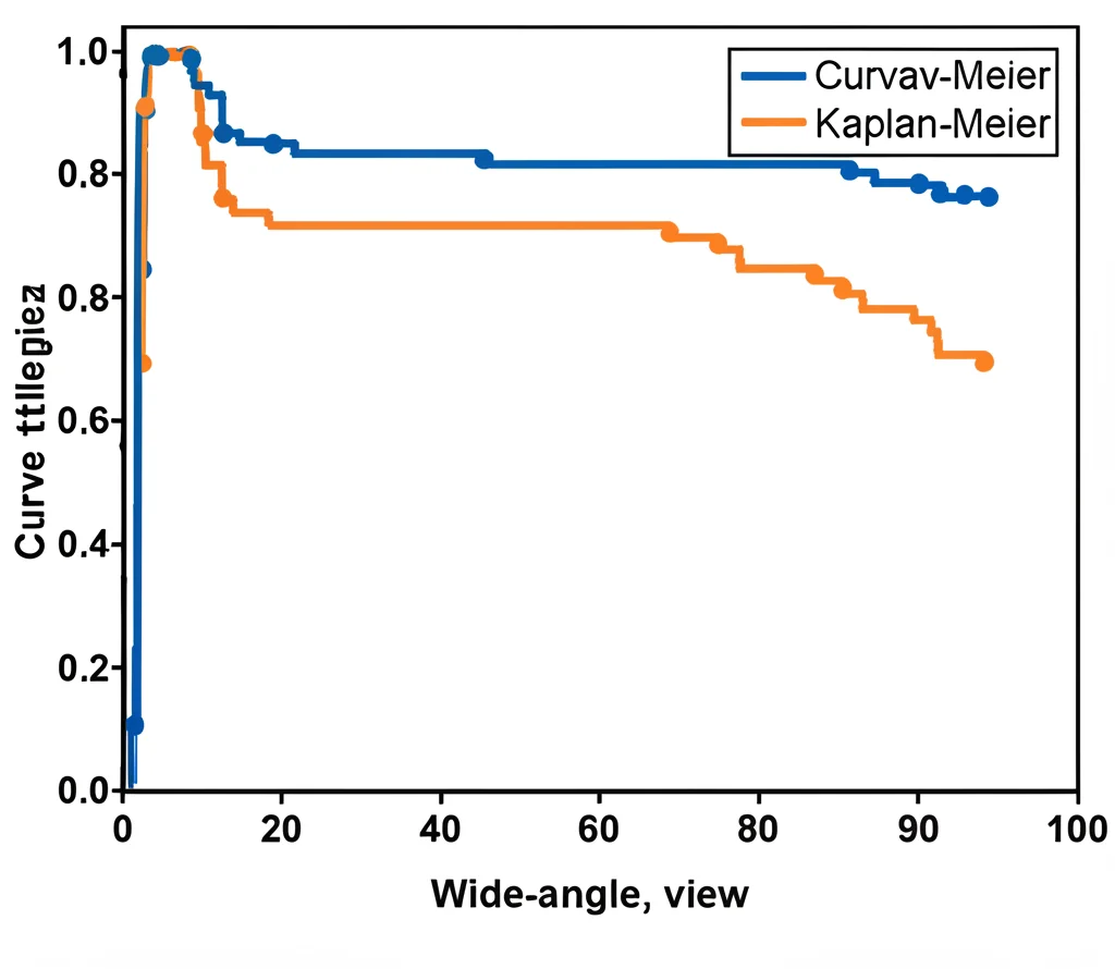 Grafico stilizzato di curve di sopravvivenza di Kaplan-Meier che confrontano due sistemi di stadiazione, wide-angle view 24mm, colori contrastanti (blu e arancione) per le curve, sfondo pulito e minimale.