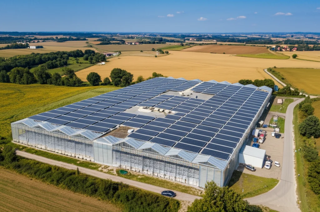 Veduta aerea di una moderna azienda agricola specializzata in tabacco, con serre di essiccazione dotate di pannelli solari sui tetti. Obiettivo grandangolare 18mm, paesaggio agricolo, luce solare diffusa, forte messa a fuoco sull'integrazione tra agricoltura e tecnologia pulita.
