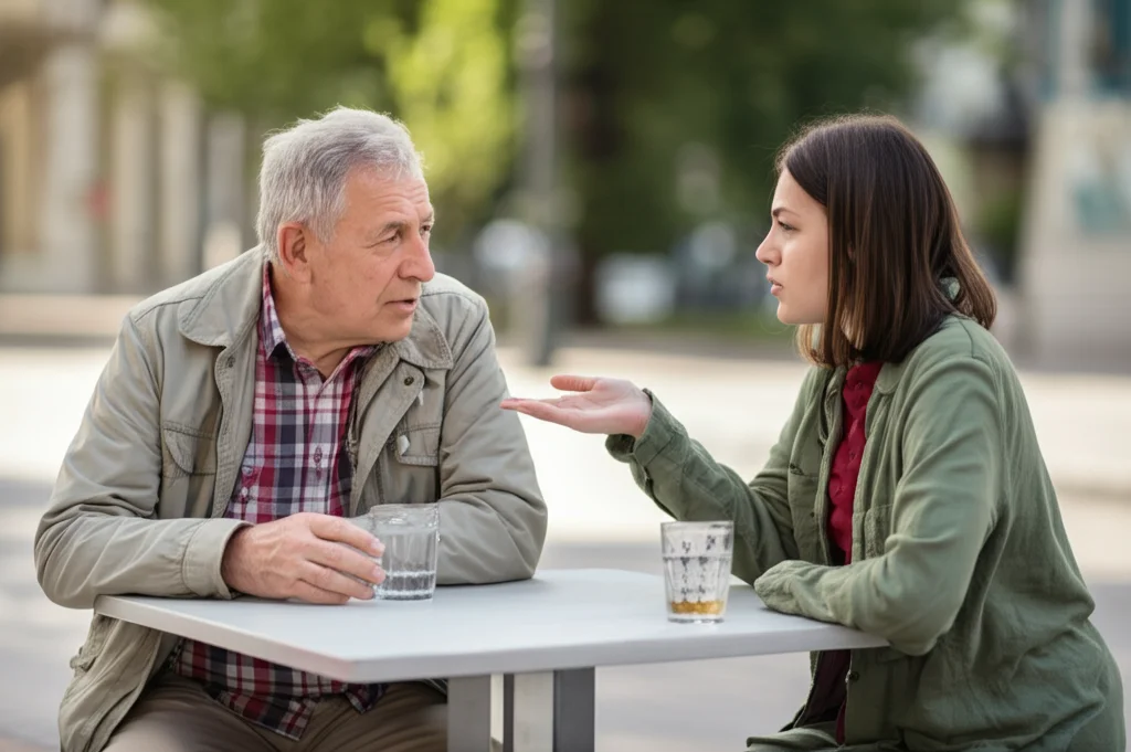 Ritratto fotografico di due persone diverse, un uomo anziano e una giovane donna, che discutono animatamente seduti a un tavolino all'aperto, obiettivo 35mm, profondità di campo ridotta per sfocare lo sfondo, luce naturale pomeridiana. Simboleggia l'organizzazione relazionale e il dialogo intergenerazionale sul clima.