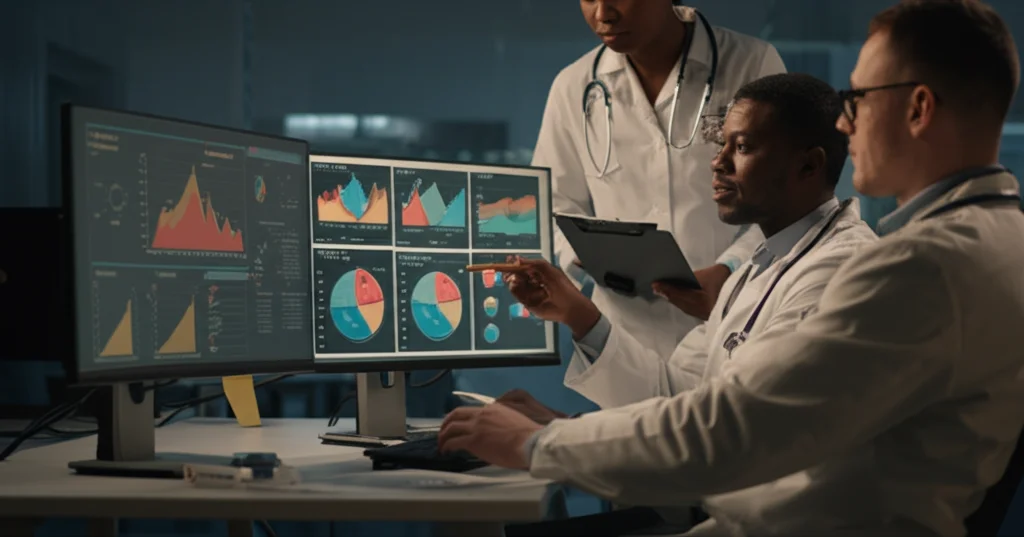 Team di ricercatori e medici che discutono davanti a schermi con dati e grafici complessi, luce ambientale da ufficio, profondità di campo che sfoca lo sfondo, obiettivo 35mm, atmosfera collaborativa e concentrata.
