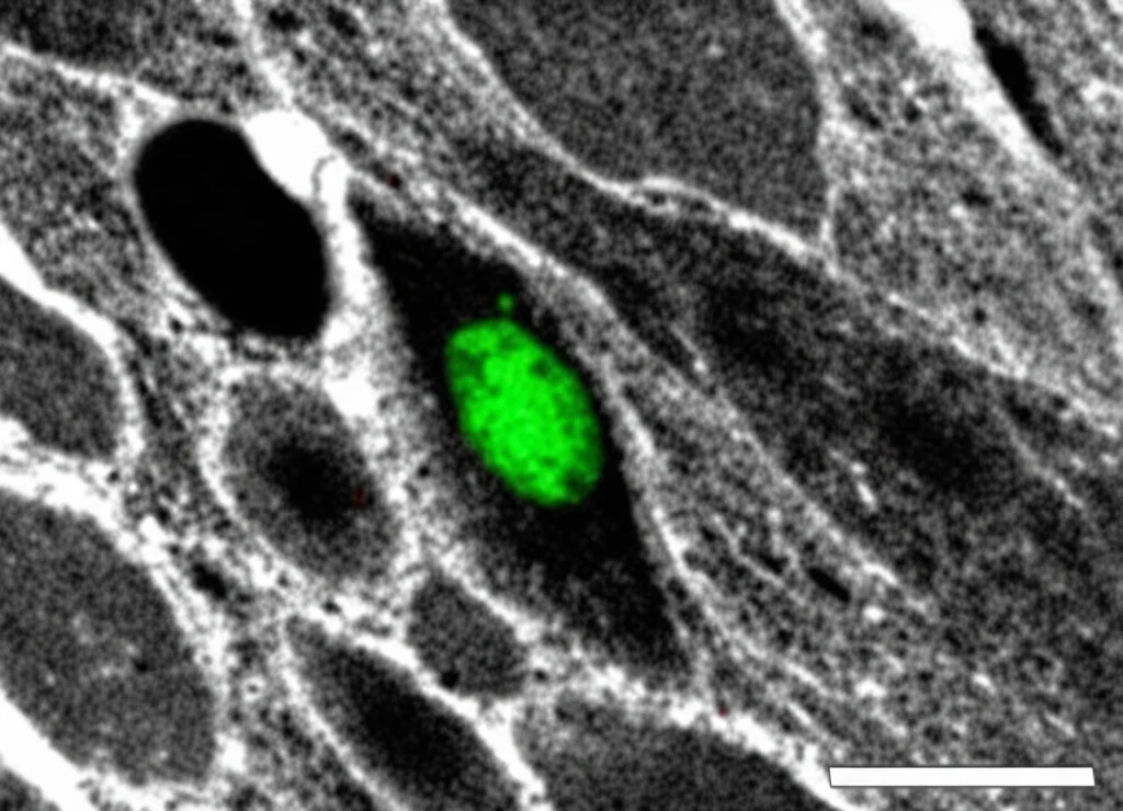 Microscopia confocale del tessuto polmonare che mostra un linfocita B (verde fluorescente, indicante produzione di acetilcolina ChAT-GFP) in stretta vicinanza con un macrofago interstiziale (rosso, marcatore F4/80). Dettaglio elevato, illuminazione controllata, lente macro 100mm, contesto scientifico di interazione cellulare immunitaria.