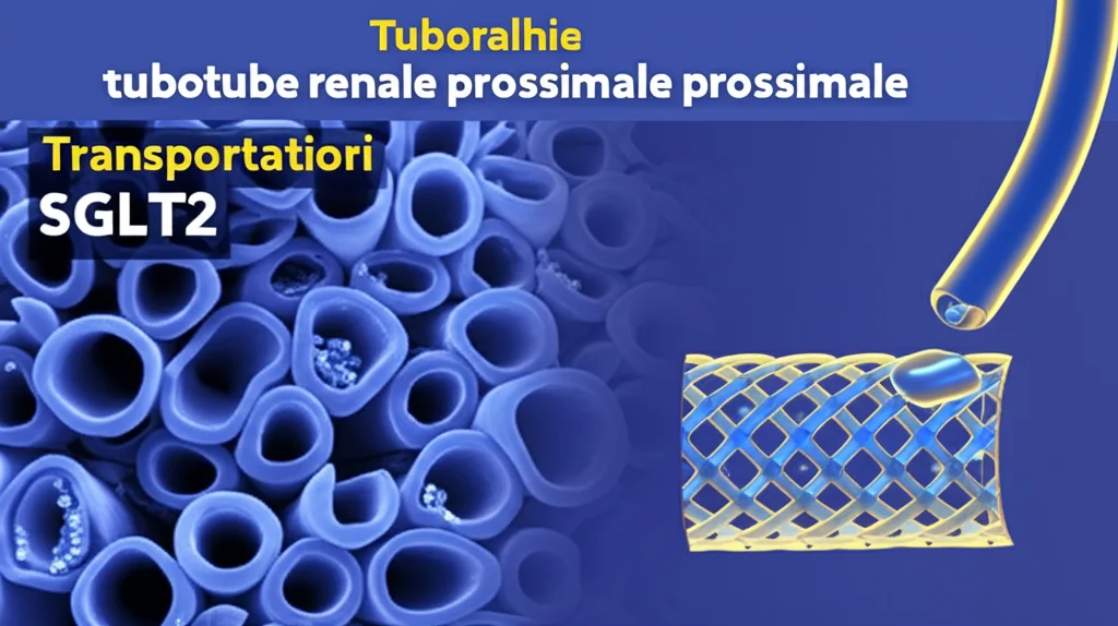 Fotografia macro di un tubulo renale prossimale con trasportatori SGLT2 evidenziati in blu, accanto a un'immagine stilizzata di un catetere per intervento coronarico percutaneo con uno stent espanso. Illuminazione controllata e precisa, alta definizione dei dettagli cellulari e metallici, lente macro 100mm.