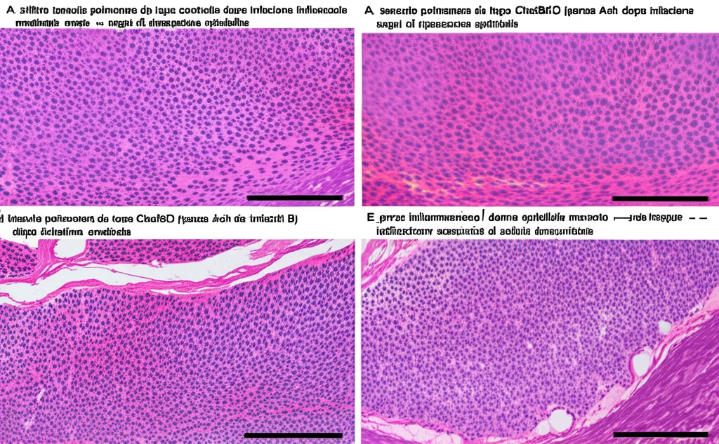 Immagine comparativa di sezioni istologiche polmonari. A sinistra, tessuto polmonare da topo controllo dopo infezione influenzale, con infiammazione moderata e segni di riparazione epiteliale. A destra, tessuto polmonare da topo ChatBKO (senza ACh da linfociti B) dopo infezione, con grave infiammazione, danno epiteliale marcato e infiltrazione massiccia di cellule immunitarie. Lente macro 60mm, alta risoluzione, colorazione ematossilina-eosina.