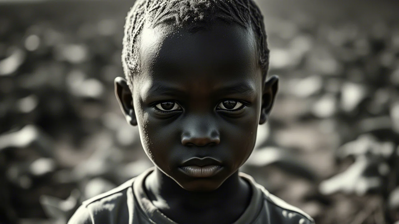 Ritratto fotografico intenso di un bambino lavoratore in un campo agricolo del Malawi, guarda verso la camera con espressione seria ma speranzosa. Obiettivo 50mm, luce naturale del tardo pomeriggio che crea lunghe ombre, profondità di campo ridotta per isolare il soggetto dallo sfondo sfocato del campo di tabacco. Bianco e nero, stile film noir.