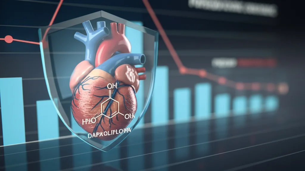 Fotografia di un cuore umano stilizzato ma realistico, protetto da uno scudo trasparente con la formula chimica della dapagliflozin. Sullo sfondo, un grafico a barre discendente che indica la riduzione degli eventi cardiaci (PMI/4aMI). Profondità di campo ridotta, focus sullo scudo e sul cuore, prime lens 50mm, luce calda e rassicurante.