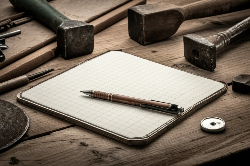 Fotografia macro di un quaderno di scuola aperto su un banco di legno grezzo, accanto a piccoli attrezzi da lavoro usurati. Obiettivo macro 100mm, illuminazione laterale controllata che evidenzia la texture della carta e del legno, messa a fuoco precisa sui dettagli degli oggetti, simboleggiando la scelta tra istruzione e lavoro.
