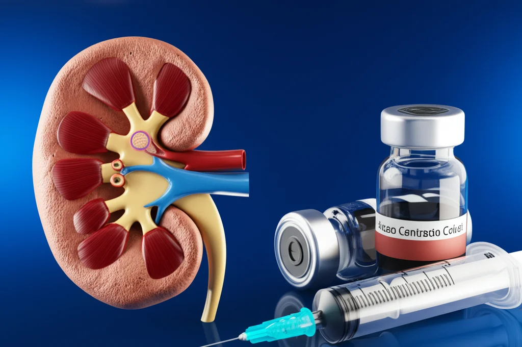Immagine composita fotorealistica: a sinistra, un rene umano dettagliato con un grafico sovrapposto che mostra la stabilità della funzione renale (eGFR); a destra, una fiala di mezzo di contrasto iodato accanto a una siringa. Alta definizione, illuminazione da studio bilanciata, lente macro 85mm per i dettagli del rene e della fiala.