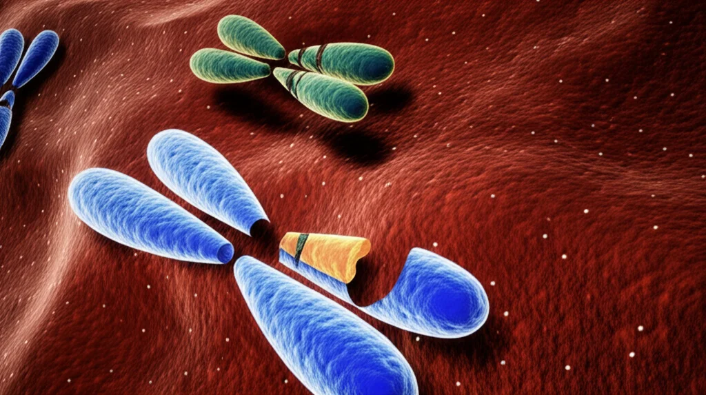 Visualizzazione 3D astratta di cromosomi umani all'interno di una cellula, alcuni dei quali mostrano evidenti segni di rottura, duplicazione o perdita di segmenti, a simboleggiare l'instabilità cromosomica (CIN). Macro lens, 90mm, high detail, precise focusing, illuminazione laterale controllata per creare ombre drammatiche e mettere in risalto le anomalie strutturali.