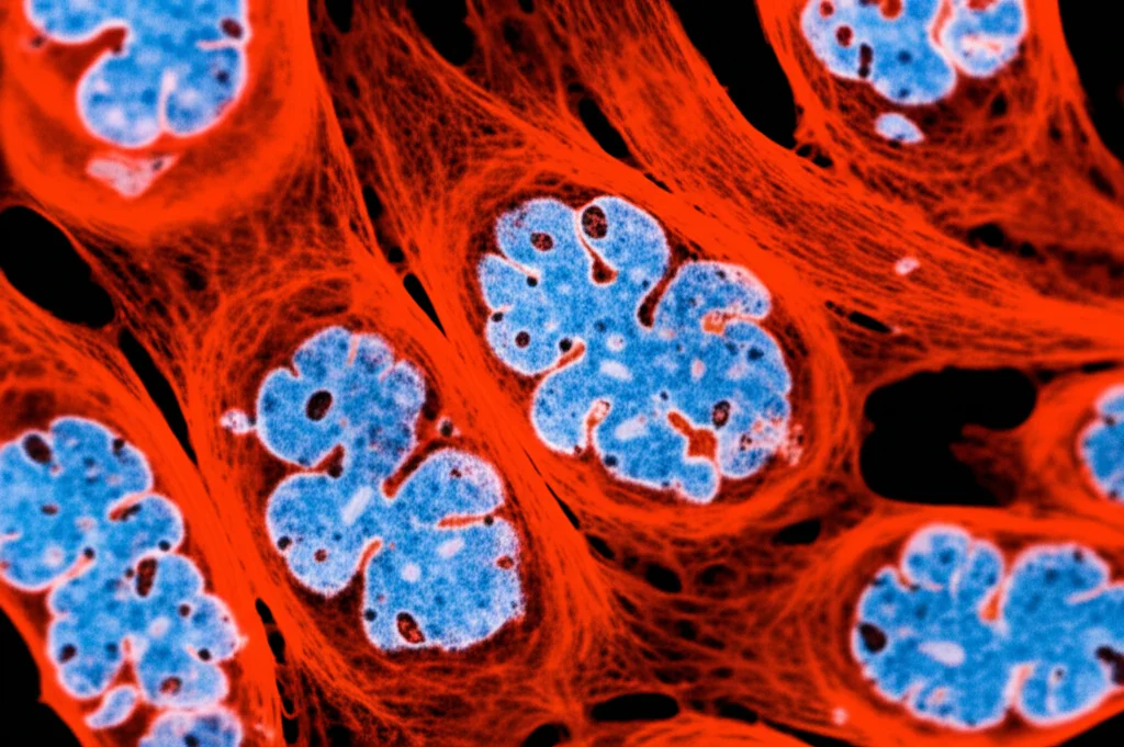 Microscopia elettronica stilizzata che mostra mitocondri all'interno di una cellula tumorale. Alcuni mitocondri appaiono frammentati o disfunzionali, a rappresentare l'impatto della perdita del gene MFN2. Macro lens, 105mm, high detail, precise focusing, illuminazione soffusa e mirata per evidenziare le strutture mitocondriali.