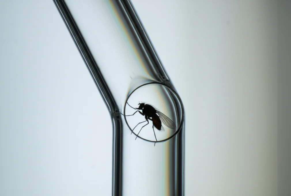 Fotografia macro di una mosca della frutta orientale, Bactrocera dorsalis, all'interno di un olfattometro a Y in vetro trasparente in un laboratorio. Obiettivo macro 90mm, illuminazione controllata e diffusa, alta definizione per mostrare i dettagli dell'insetto e del tubo, sfondo neutro sfocato.