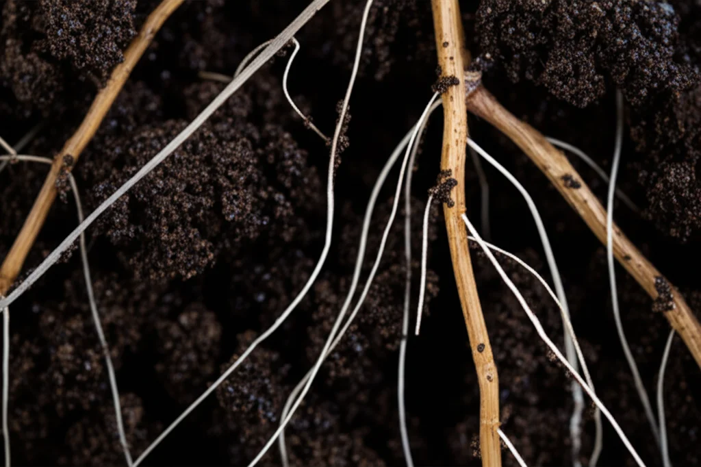 Macro fotografia, 85mm lens, di intricate radici fini di bambù che penetrano un suolo scuro e ricco. Il focus è sull'interfaccia tra radice e suolo (rizosfera), evidenziando la stretta aderenza delle particelle di terra. Alta definizione, messa a fuoco precisa, illuminazione controllata e leggermente diffusa per esaltare la texture del suolo e i peli radicali.