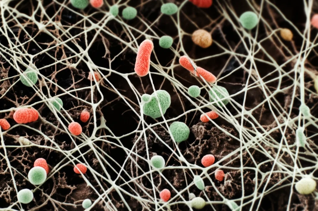 Vista al microscopio simulata, ad alto dettaglio, che mostra diverse colonie batteriche (forme e colori vari) e reti di ife fungine intrecciate all'interno di una matrice di suolo. Illuminazione da laboratorio simulata, focus stacking per una profondità di campo estesa, evidenziando la complessità delle comunità microbiche.