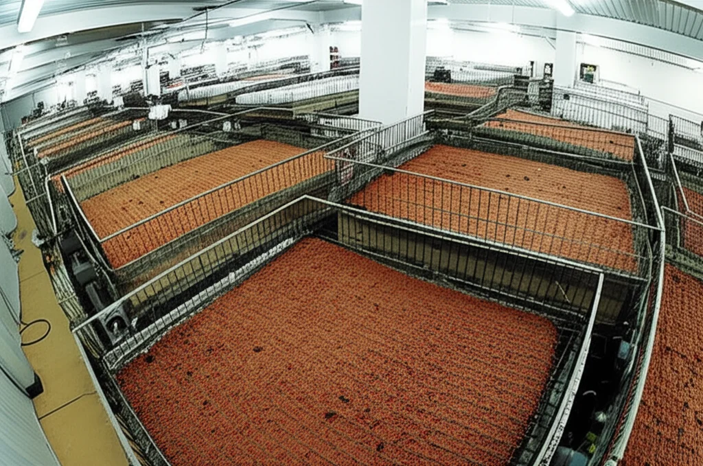 Fotografia di un allevamento di massa di Bactrocera dorsalis per la Tecnica dell'Insetto Sterile (SIT). Si vedono numerose gabbie con le mosche e dispositivi per l'ovodeposizione contenenti un substrato artificiale trattato con la miscela B1D1E3. Obiettivo grandangolare 24mm per mostrare la scala dell'impianto, illuminazione controllata, focus nitido sulle gabbie in primo piano.