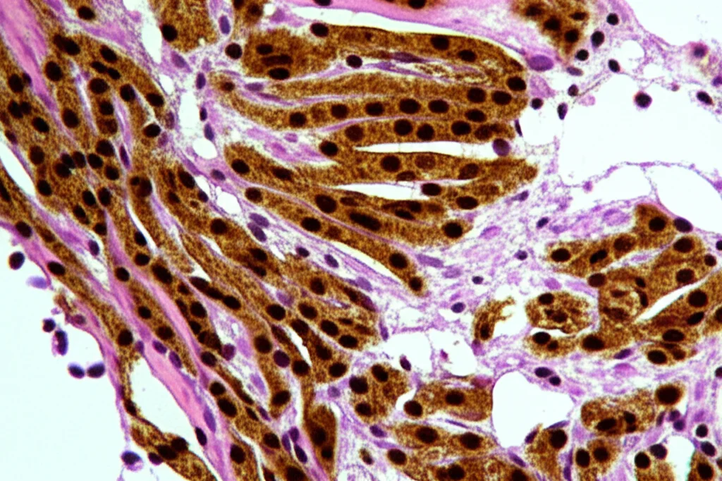 Microfotografia di tessuto tumorale di rabdomiosarcoma pleomorfo colorato con immunoistochimica per la Desmina. Obiettivo 10x, alta risoluzione, che mostra una colorazione marrone positiva diffusa nelle cellule tumorali fusiformi e bizzarre. Illuminazione da microscopio controllata.