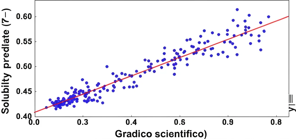 Grafico scientifico stilizzato che mostra un diagramma di dispersione (scatter plot) con la linea ideale y=x e punti dati molto vicini ad essa, rappresentando l'alta correlazione (R² vicino a 0.995) tra solubilità sperimentale e predetta dal modello GPR-Matern.