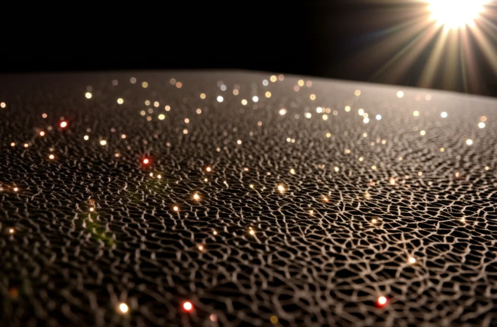 IMMAGINE CONCETUALE FOTOREALISTICA DELLA AUPERFICIE DELL'AEROGEL COMPosito CHE ASTOBE LA LUCE SOLARE, GENERANDO CALORE ESTRICE ETETTRITÀ, VISTA CON OBIETTIVO DA 35MM. Immagine di concetto fotorealistica, lente da 35 mm, che mostra la luce solare che colpisce la superficie del materiale composito di airgel nero, con segnali visivi sottili che rappresentano la generazione di calore (leggero luccichio) e il potenziale elettrico (bagliore debole), la profondità di campo focalizzata sulla superficie del materiale.