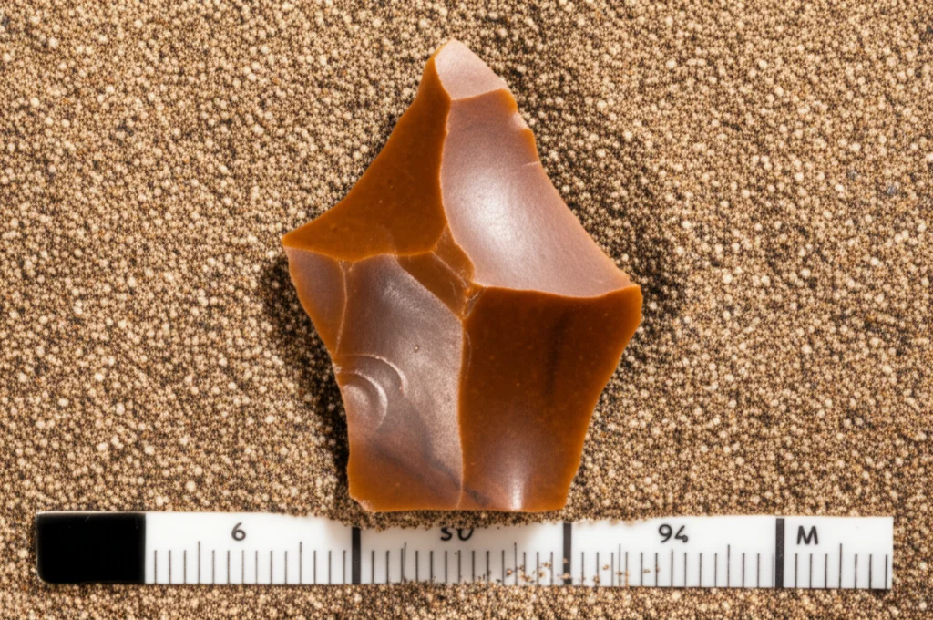 Macro fotografia, 85mm lens, di un nucleo Levallois in selce finemente preparato, appoggiato su sabbia scura. Luce controllata mette in risalto le cicatrici delle scheggiature precedenti e le convessità della superficie. Alta definizione, focus sulla predeterminazione.