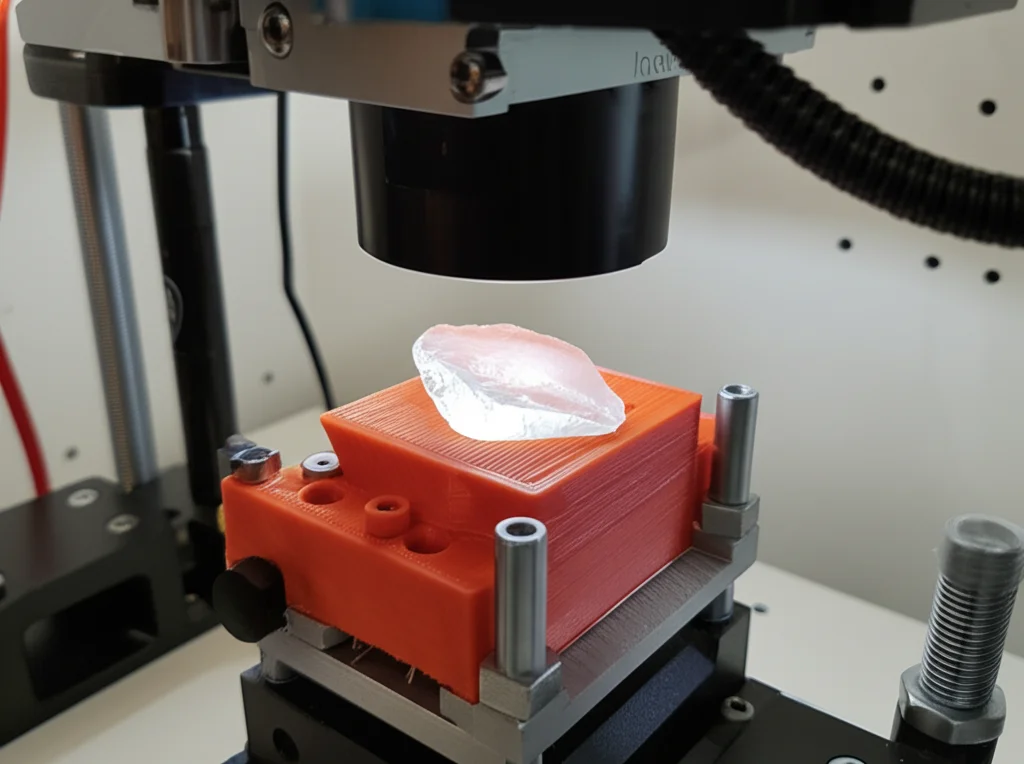 Still life photography, 60mm macro lens, di un nucleo Levallois standardizzato in vetro sodo-calcico trasparente, bloccato in un supporto stampato in 3D all'interno di un apparato di scheggiatura meccanica. Illuminazione da laboratorio controllata, alta definizione sui dettagli del vetro e dei componenti metallici.