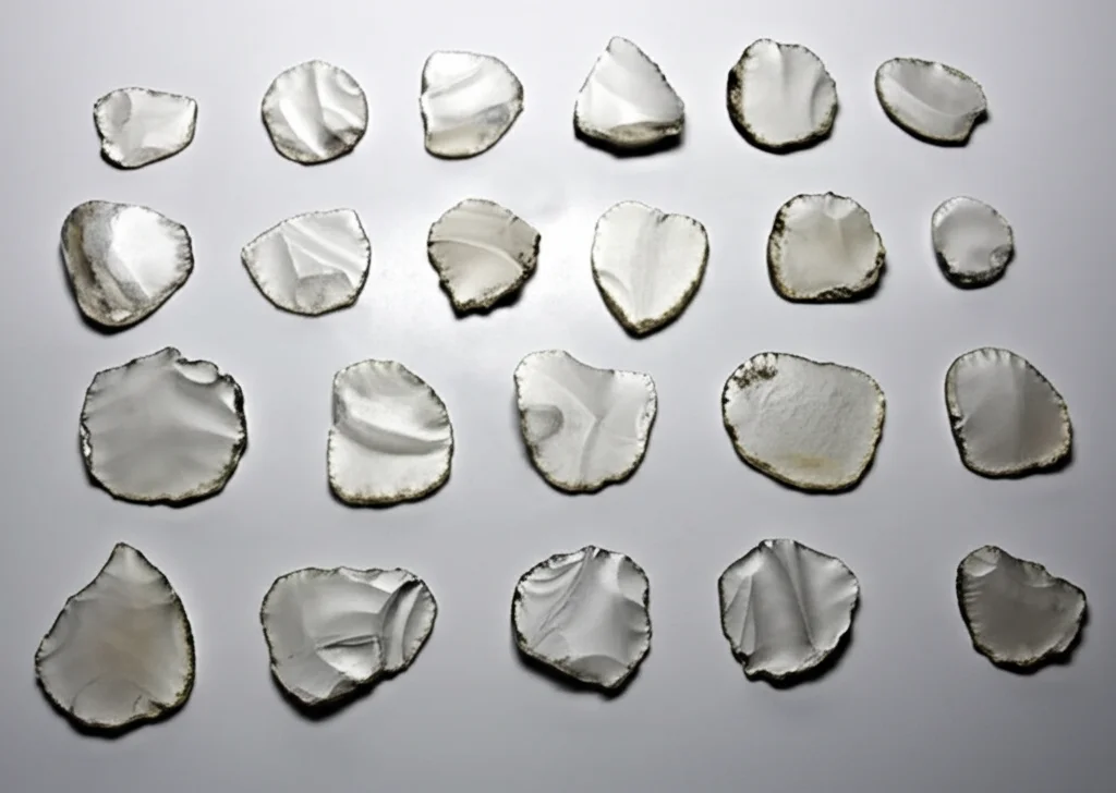 Collezione di schegge Levallois sperimentali in vetro trasparente, disposte ordinatamente su sfondo neutro. Obiettivo macro 100mm, alta definizione mostra i pattern di frattura concoide e le variazioni di dimensione e forma dovute ai diversi angoli di colpo. Illuminazione controllata.