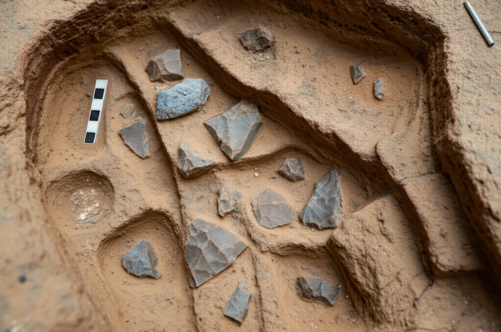 Contesto archeologico, obiettivo grandangolare 24mm, mostra schegge e strumenti Levallois in selce parzialmente scavati in strati di sedimento in un sito paleolitico come Roc de Marsal. Luce naturale soffusa, focus sugli artefatti in situ, trasmettendo antichità e contesto.