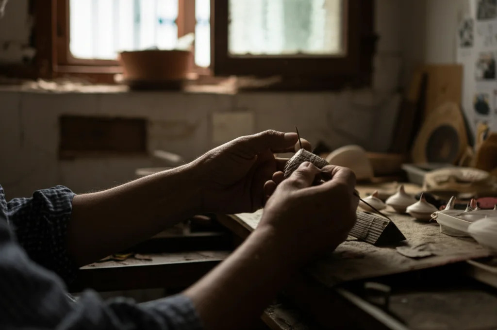 Fotografia macro di mani esperte che lavorano meticolosamente su un piccolo oggetto artigianale, forse tessuto o ceramica, su un banco di lavoro in un modesto laboratorio siriano. Luce naturale controllata che entra da una finestra, mettendo in risalto i dettagli e la texture. Obiettivo macro 100mm, alta definizione, messa a fuoco precisa.