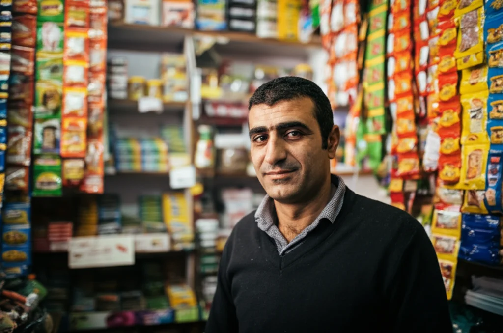 Ritratto ambientato di un negoziante siriano sulla quarantina all'interno del suo piccolo negozio di alimentari o spezie ad Aleppo. Sorride leggermente, circondato da scaffali pieni. Luce soffusa, profondità di campo ridotta per sfocare lo sfondo. Obiettivo prime 35mm, stile documentaristico.