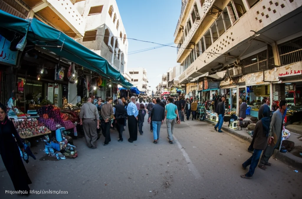 Fotografia grandangolare di una vivace ma non affollata strada di mercato in una città siriana come Damasco Rurale. Persone che interagiscono presso bancarelle che vendono prodotti locali. Luce del tardo pomeriggio. Obiettivo grandangolare 20mm, messa a fuoco nitida su tutta la scena.