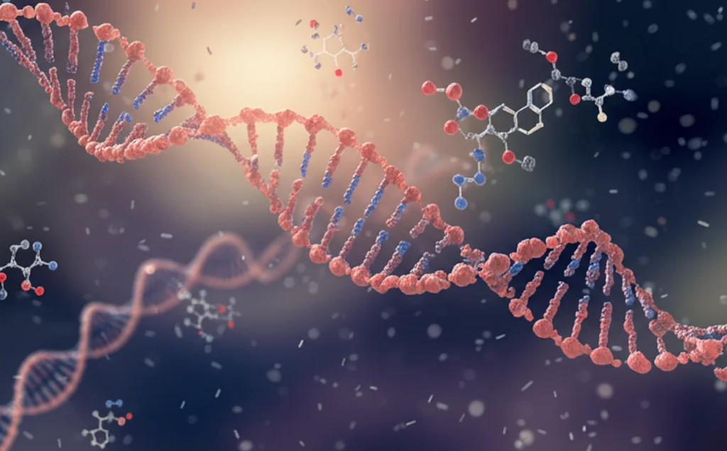 Visualizzazione astratta del DNA che si intreccia con molecole metaboliche fluttuanti nel flusso sanguigno, illuminato da una luce soffusa. Macro lens, 80mm, high detail, controlled lighting.
