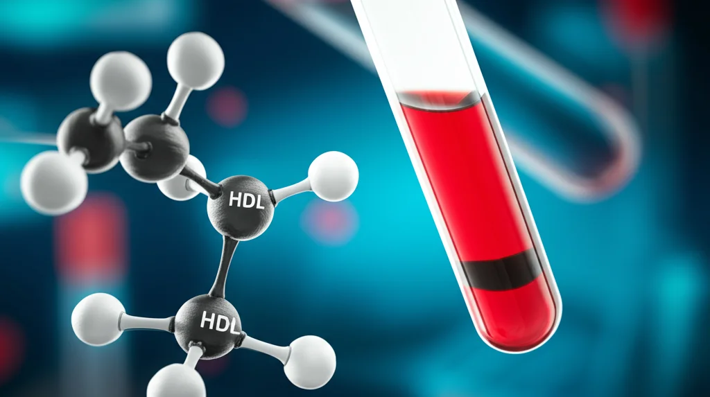 Primo piano di una provetta di sangue con separazione del plasma, accanto a un modello 3D stilizzato di molecole di colesterolo LDL e HDL. Macro lens, 100mm, precise focusing.