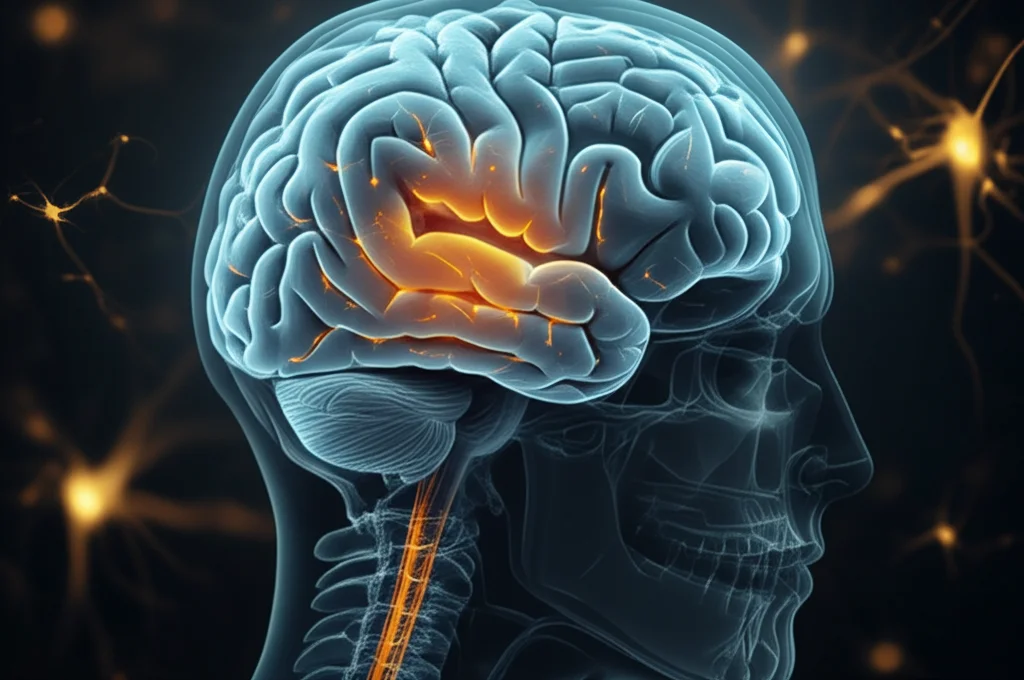 Immagine concettuale del cervello umano con aree evidenziate che mostrano l'attività neuronale influenzata da molecole come testosterone e glutammina. Duotone blu e oro, depth of field, 35mm lens.