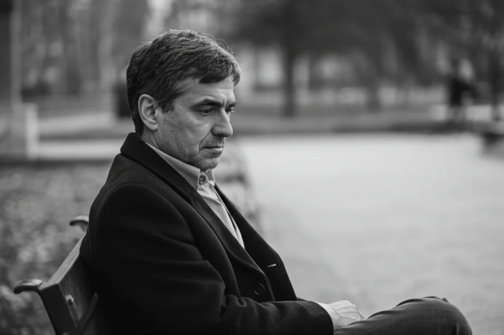 Ritratto di un uomo di mezza età, seduto da solo su una panchina in un parco, sguardo pensieroso rivolto verso il basso, 35mm portrait, profondità di campo che sfoca lo sfondo, luce naturale pomeridiana, bianco e nero film.