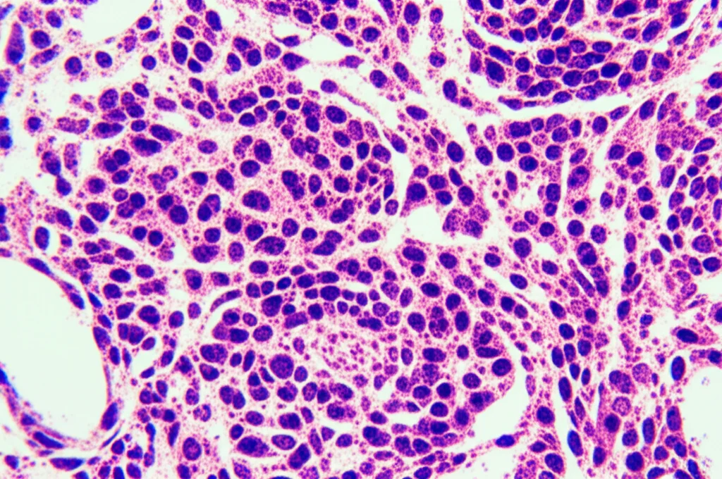 Immagine al microscopio elettronico che mostra cellule di linfoma diffuso a grandi cellule B (DLBCL) accanto a cellule di carcinoma papillare della tiroide (PTC), macro lens 100mm, alta definizione, illuminazione controllata per evidenziare le diverse morfologie cellulari, rappresentando la coesistenza di due neoplasie primarie.