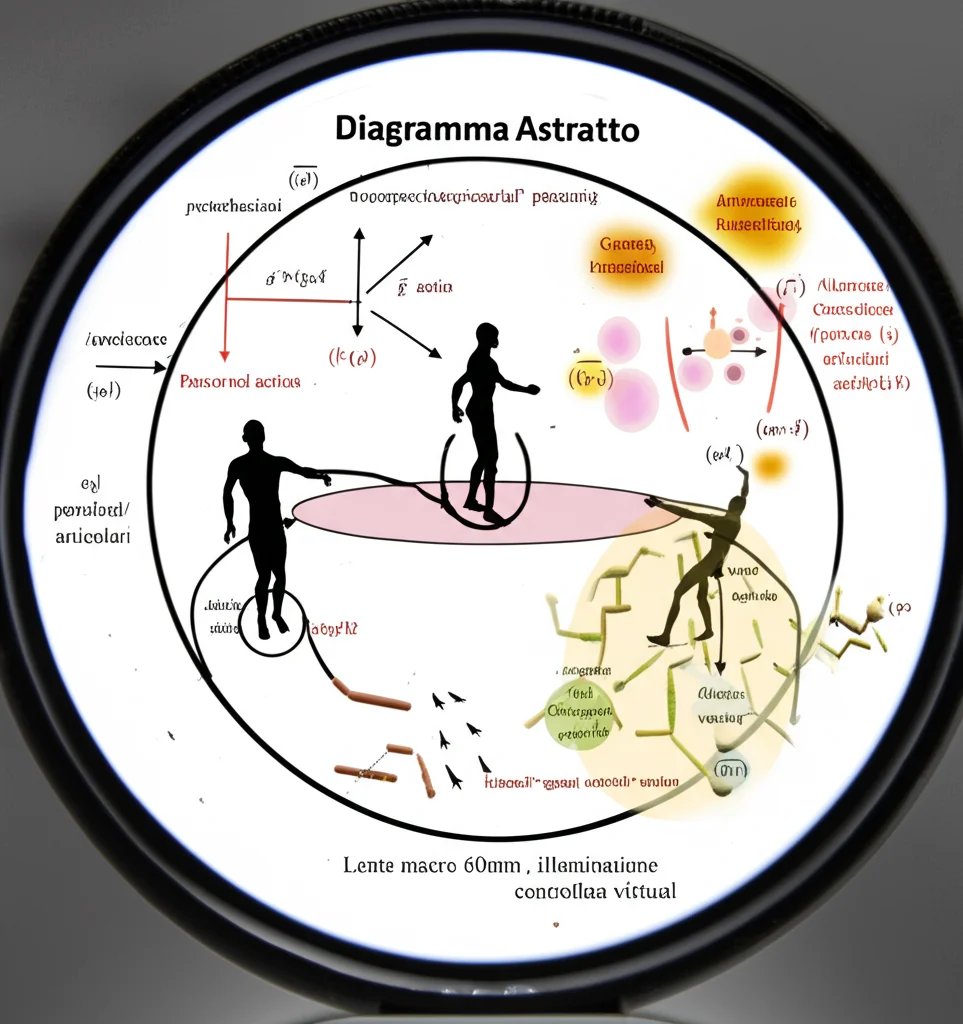 Diagramma astratto che illustra il concetto di Reinforcement Learning applicato al controllo posturale. Una figura stilizzata interagisce con un ambiente virtuale (perturbazioni), ricevendo ricompense o penalità basate sulle sue azioni (movimenti articolari). Lente macro 60mm, illuminazione controllata, alto dettaglio.