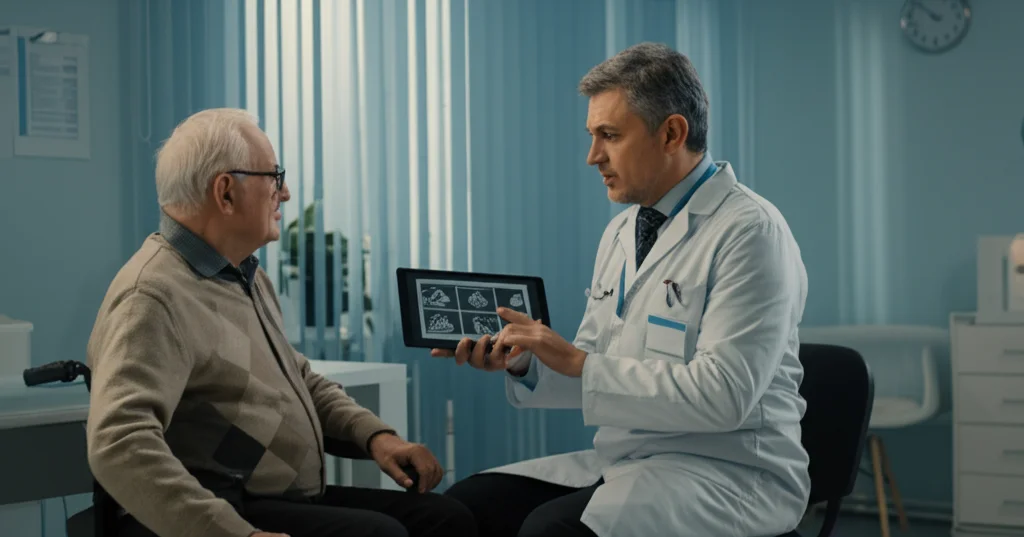 Medico oncologo che discute un piano terapeutico personalizzato con un paziente anziano in una sala visite luminosa e moderna, utilizzando un tablet per mostrare immagini diagnostiche PET/CT, 35mm portrait, depth of field, luce naturale soffusa, trasmettendo empatia e professionalità.