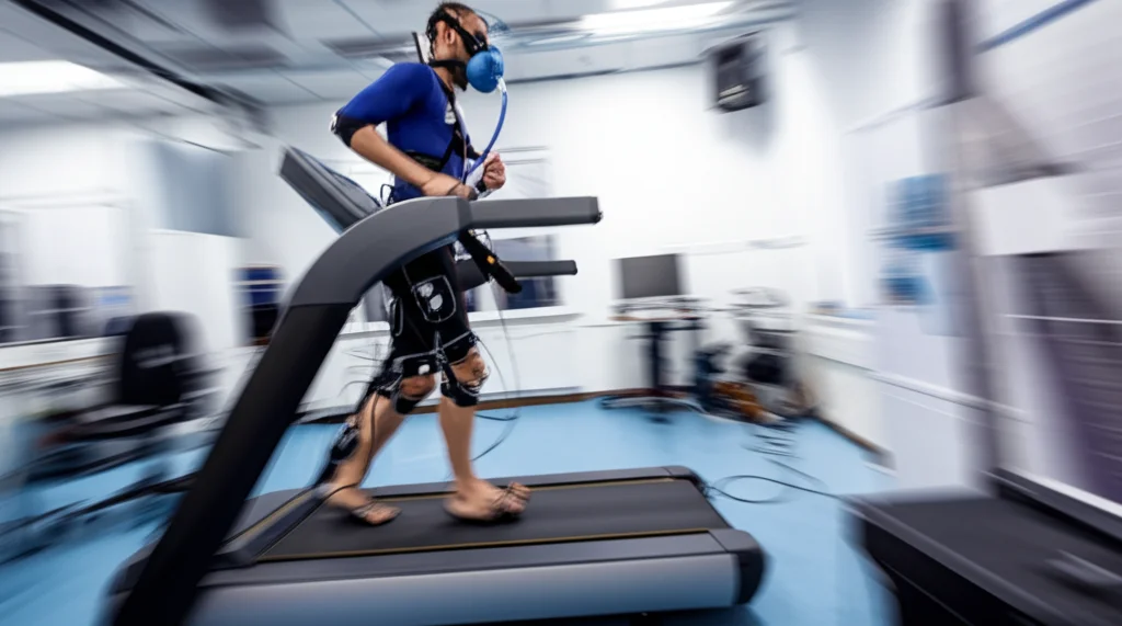 Persona che cammina su un tapis roulant indossando sensori di movimento e una maschera per l'analisi metabolica in un laboratorio di biomeccanica. Teleobiettivo zoom 150mm, fast shutter speed per congelare il movimento, tracciamento del movimento.