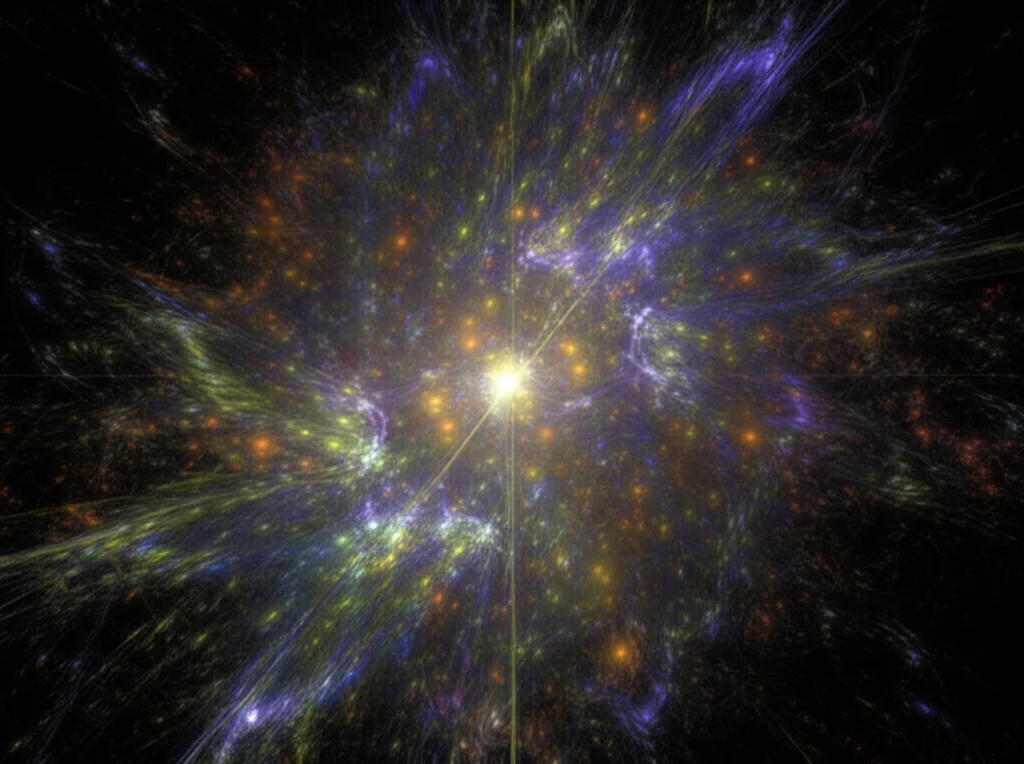 Visualizzazione astratta e fotorealistica di un algoritmo evolutivo FDE al lavoro, con particelle digitali colorate che convergono verso un punto luminoso centrale rappresentante la soluzione ottimale, su uno sfondo scuro con pattern frattali debolmente visibili, obiettivo macro 85mm, high detail, controlled lighting.